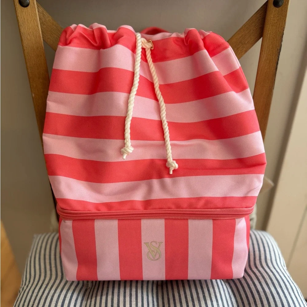Victoria’s Secret Pink Coral Striped Drawstring Cooler Backpack NEW